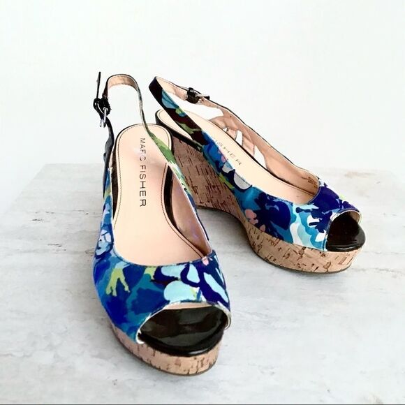 Marc Fisher Floral Peep Toe Wedge Shoes 8M - Picture 2 of 10